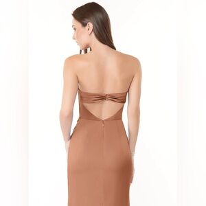 Azazie Strapless Stretch Satin Sheath “Leonis” Convertible dress in Bronze
